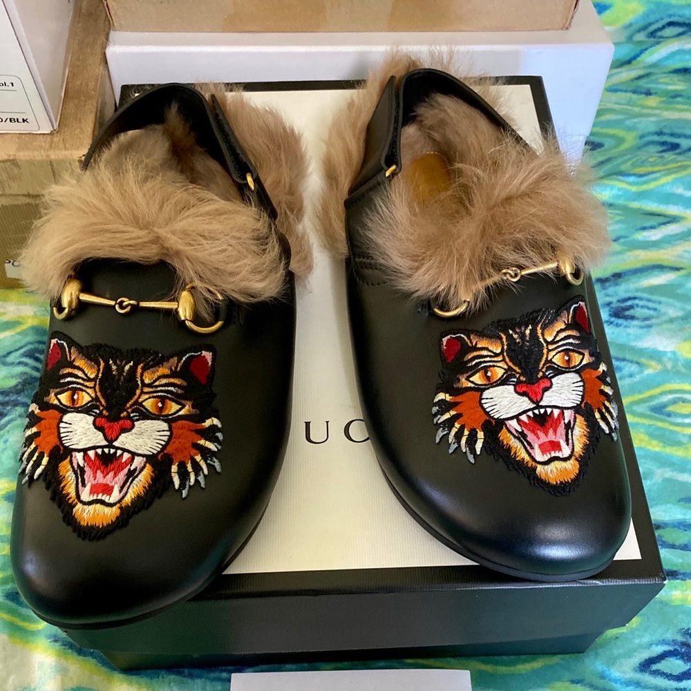 Gucci Tiger Patch Fur Loafers